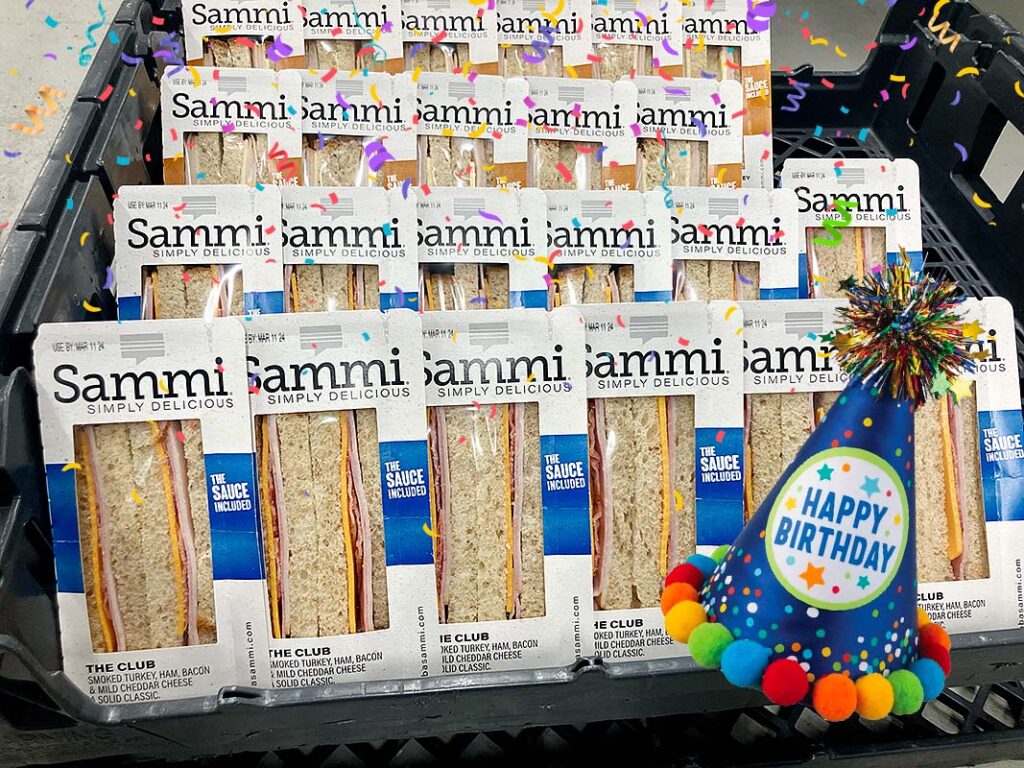 Image of the first semi sandwiches to ever be produced with confetti and a birthday hat superimposed.